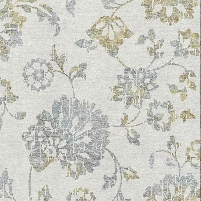 Ivory Gray And Gold Floral Washable Area Rug With UV Protection Photo 3