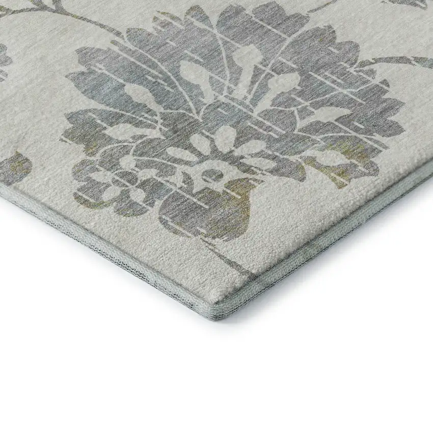 Ivory Gray And Gold Floral Washable Area Rug With UV Protection Photo 8