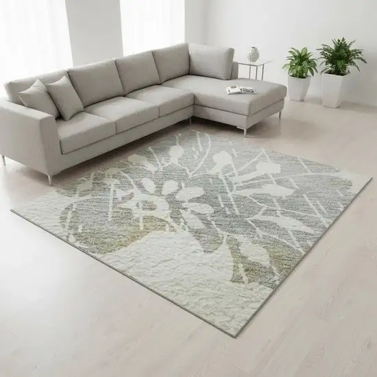 Ivory Gray And Gold Floral Washable Area Rug With UV Protection Photo 2