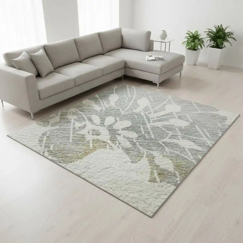 Ivory Gray And Gold Floral Washable Area Rug With UV Protection Photo 2