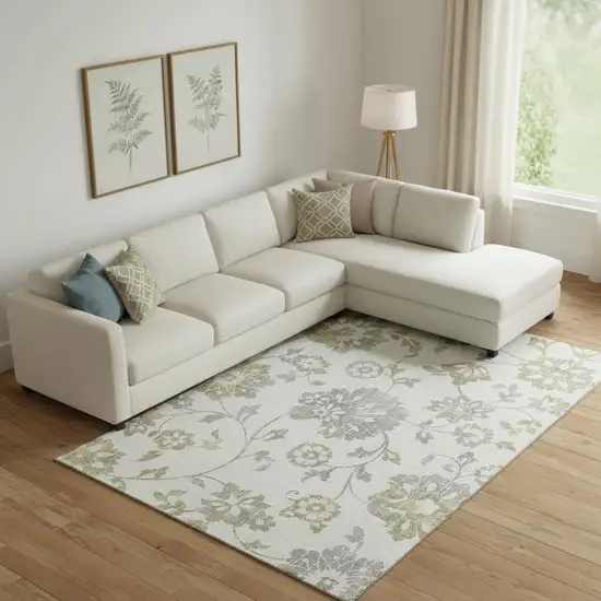 Ivory Gray And Gold Floral Washable Area Rug With UV Protection Photo 1