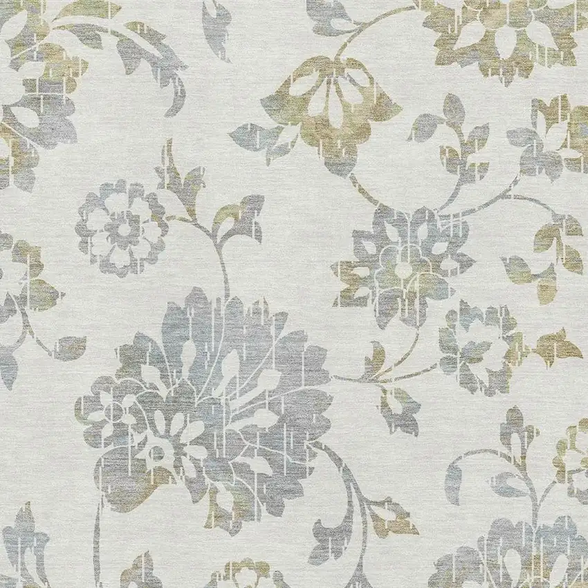 Ivory Gray And Gold Floral Washable Area Rug With UV Protection Photo 3