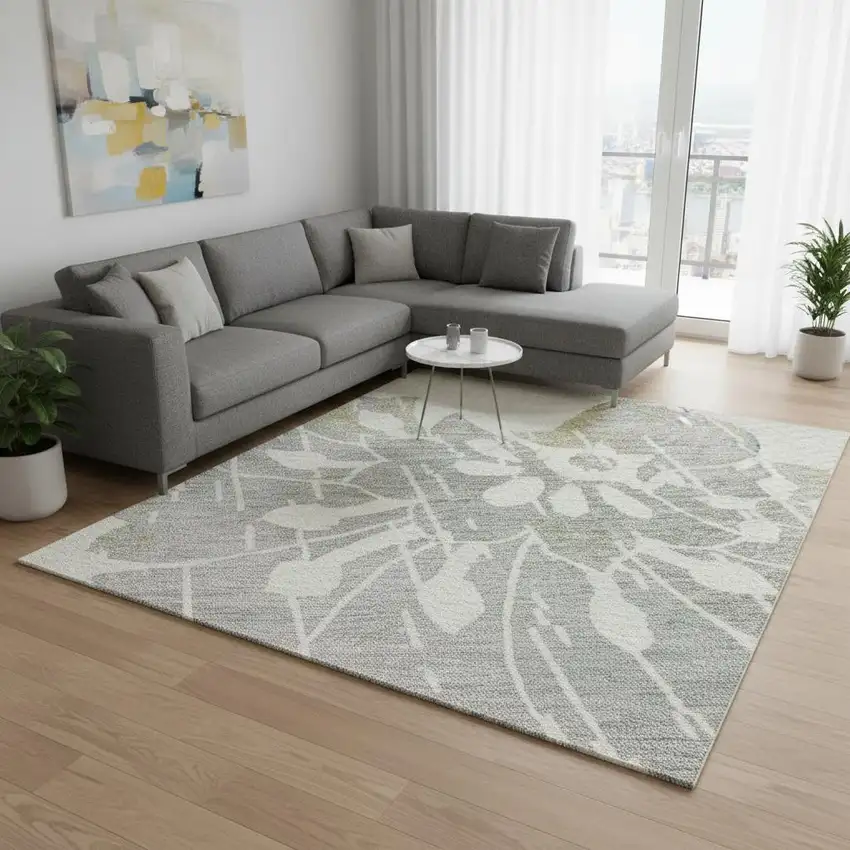 Ivory Gray And Gold Floral Washable Area Rug With UV Protection Photo 2