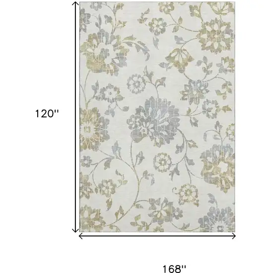 Ivory Gray And Gold Floral Washable Area Rug With UV Protection Photo 9