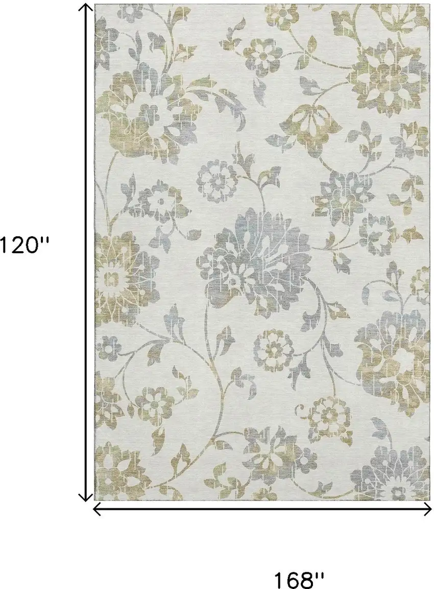 Ivory Gray And Gold Floral Washable Area Rug With UV Protection Photo 9