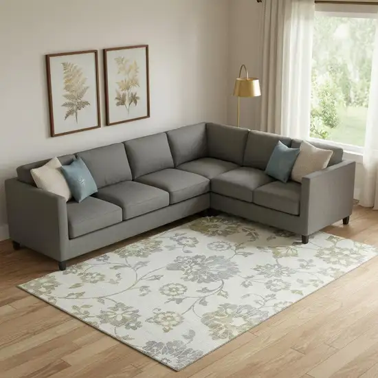 Ivory Gray And Gold Floral Washable Area Rug With UV Protection Photo 1