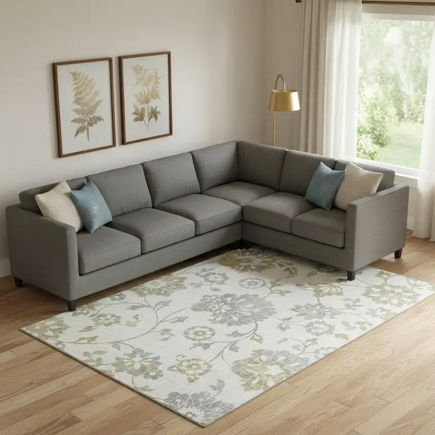 Ivory Gray And Gold Floral Washable Area Rug With UV Protection Photo 1