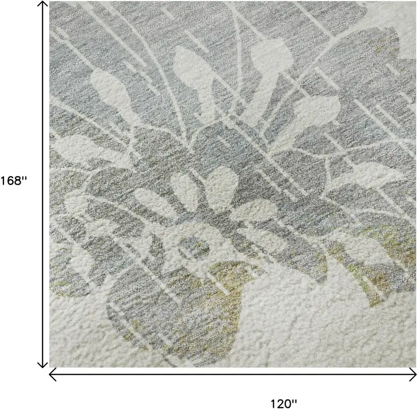 Ivory Gray And Gold Floral Washable Area Rug With UV Protection Photo 9