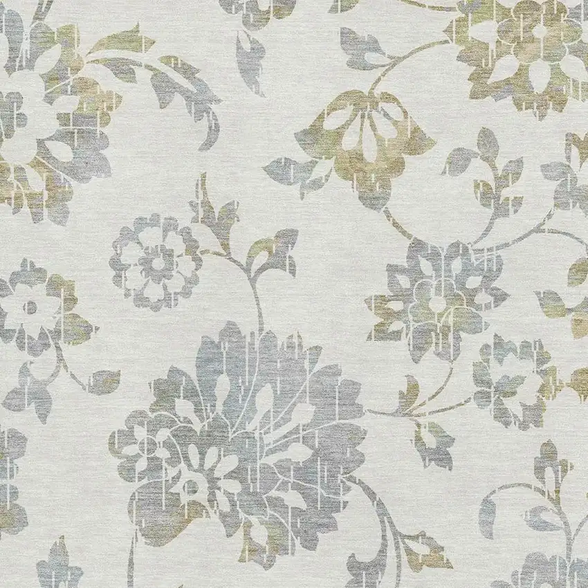 Ivory Gray And Gold Floral Washable Area Rug With UV Protection Photo 3