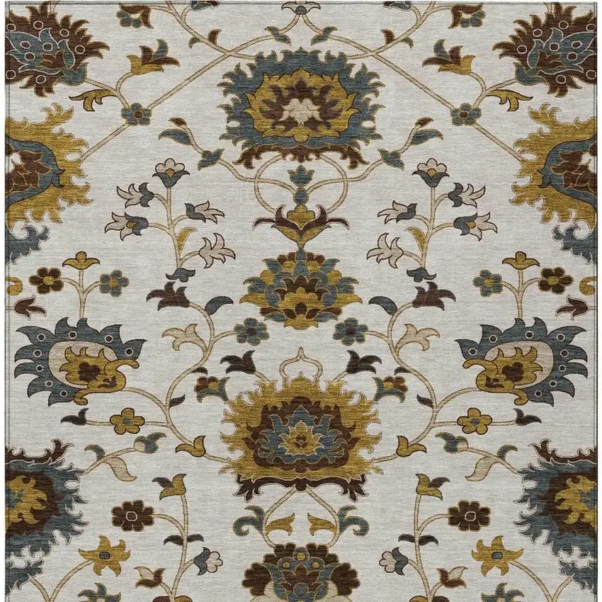 Ivory Gray And Gold Floral Washable Indoor Outdoor Area Rug Photo 4