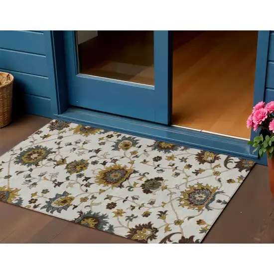 Ivory Gray And Gold Floral Washable Indoor Outdoor Area Rug Photo 1