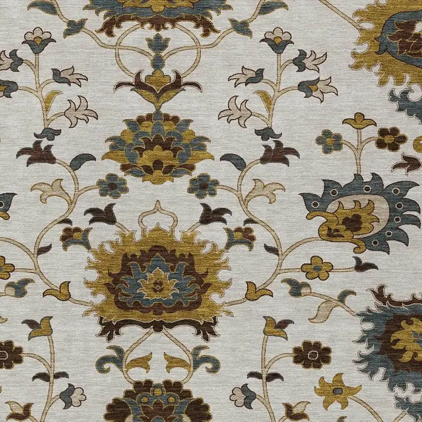 Ivory Gray And Gold Floral Washable Indoor Outdoor Area Rug Photo 7