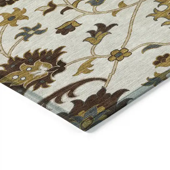 Ivory Gray And Gold Floral Washable Indoor Outdoor Area Rug Photo 6