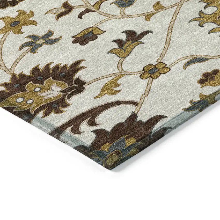 Ivory Gray And Gold Floral Washable Indoor Outdoor Area Rug Photo 6