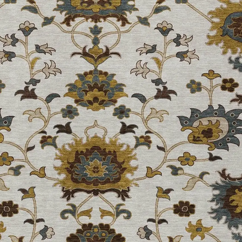 Ivory Gray And Gold Floral Washable Indoor Outdoor Area Rug Photo 7