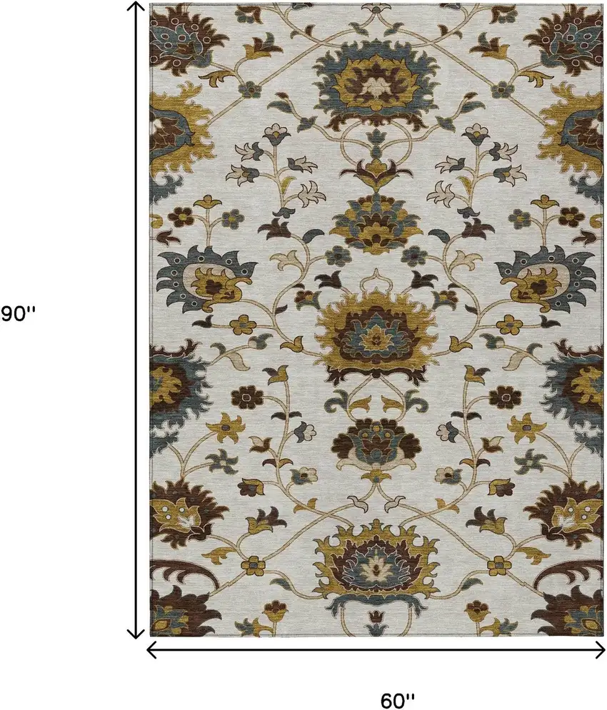 Ivory Gray And Gold Floral Washable Indoor Outdoor Area Rug Photo 3