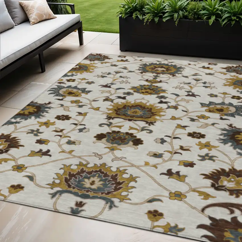 Ivory Gray And Gold Floral Washable Indoor Outdoor Area Rug Photo 1