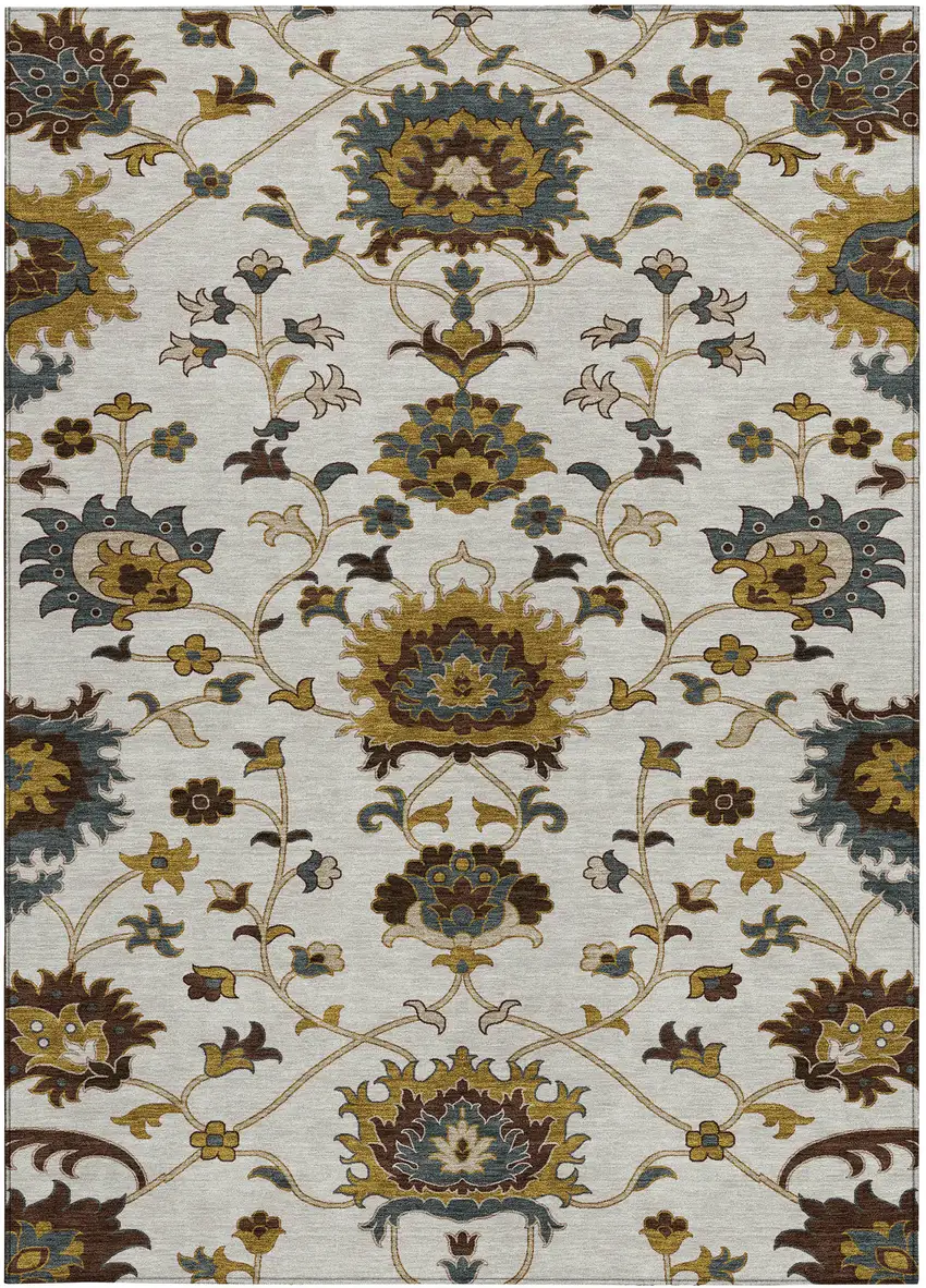 Ivory Gray And Gold Floral Washable Indoor Outdoor Area Rug Photo 5