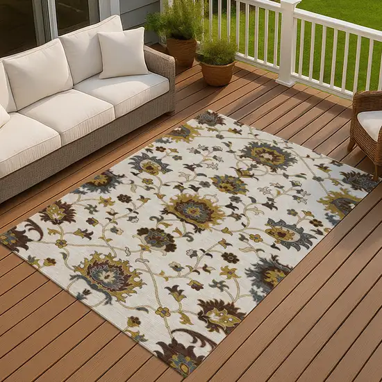 Ivory Gray And Gold Floral Washable Indoor Outdoor Area Rug Photo 9