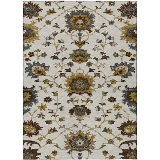 Ivory Gray And Gold Floral Washable Indoor Outdoor Area Rug Photo 2