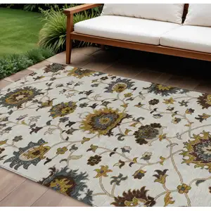 Photo of Ivory Gray And Gold Floral Washable Indoor Outdoor Area Rug