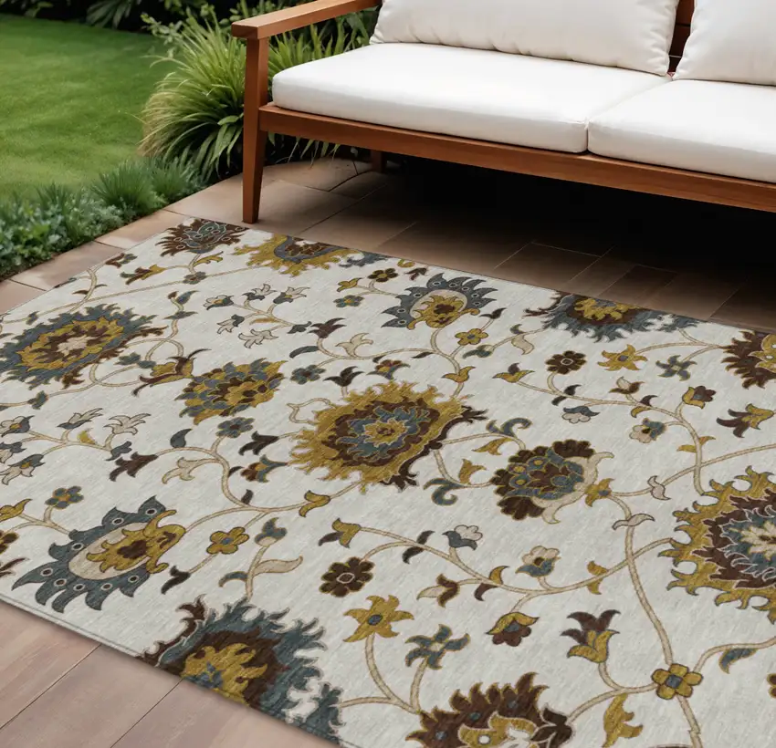 Ivory Gray And Gold Floral Washable Indoor Outdoor Area Rug Photo 1