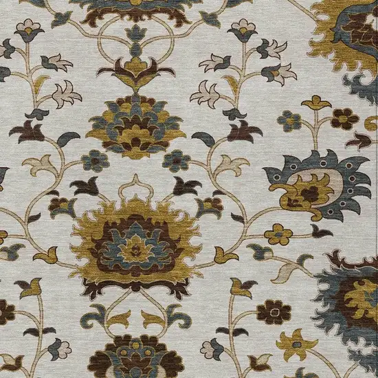 Ivory Gray And Gold Floral Washable Indoor Outdoor Area Rug Photo 7