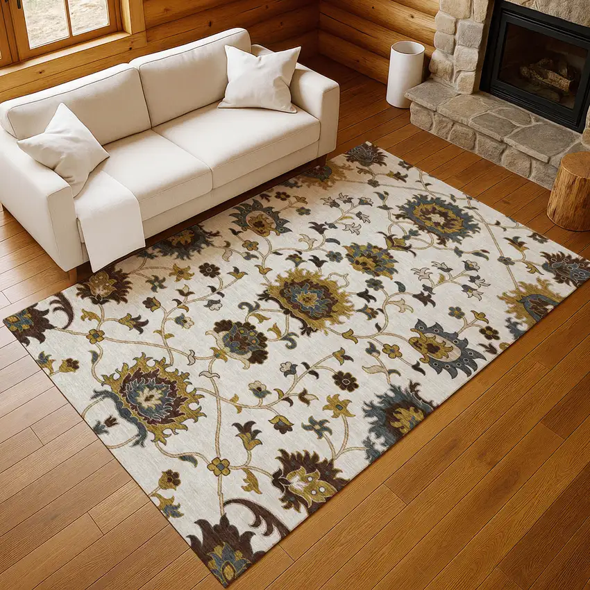 Ivory Gray And Gold Floral Washable Indoor Outdoor Area Rug Photo 9