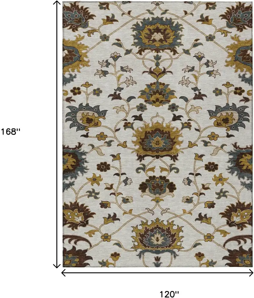 Ivory Gray And Gold Floral Washable Indoor Outdoor Area Rug Photo 3