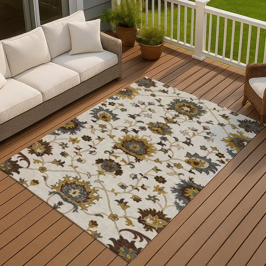 Ivory Gray And Gold Floral Washable Indoor Outdoor Area Rug Photo 9