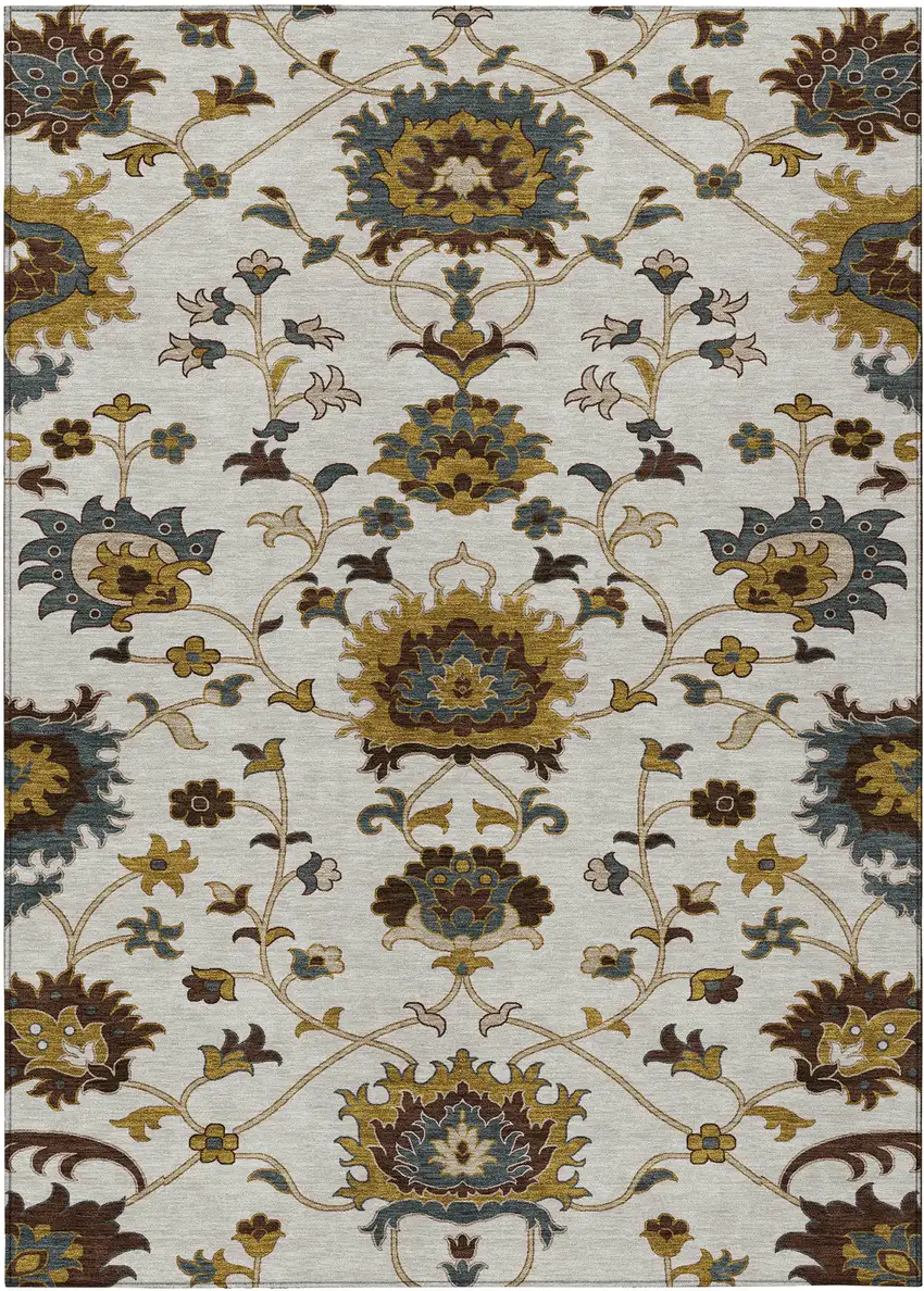 Ivory Gray And Gold Floral Washable Indoor Outdoor Area Rug Photo 2