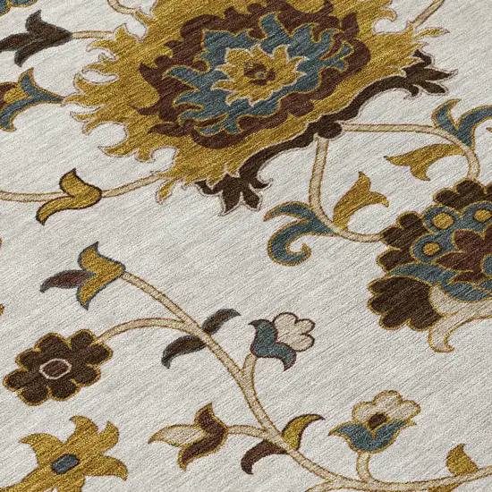 Ivory Gray And Gold Floral Washable Indoor Outdoor Area Rug Photo 8