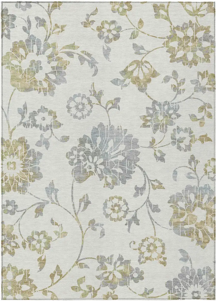 Ivory Gray And Gold Floral Washable Indoor Outdoor Area Rug Photo 2