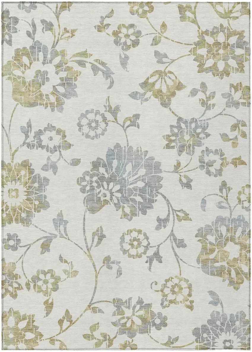 Ivory Gray And Gold Floral Washable Indoor Outdoor Area Rug Photo 2