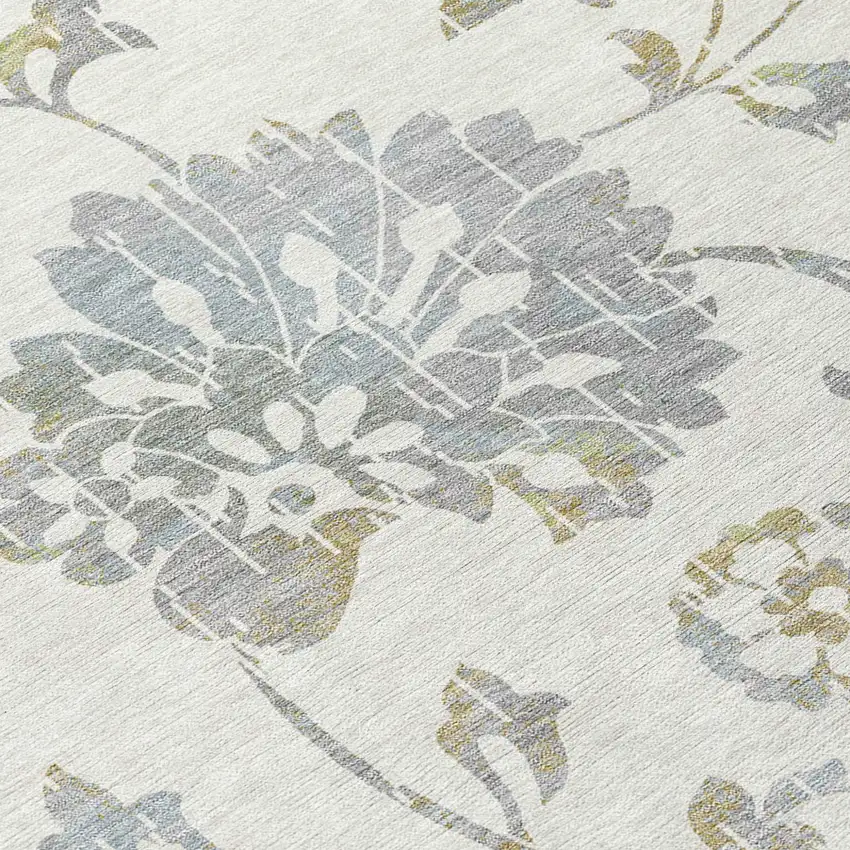 Ivory Gray And Gold Floral Washable Indoor Outdoor Area Rug Photo 7