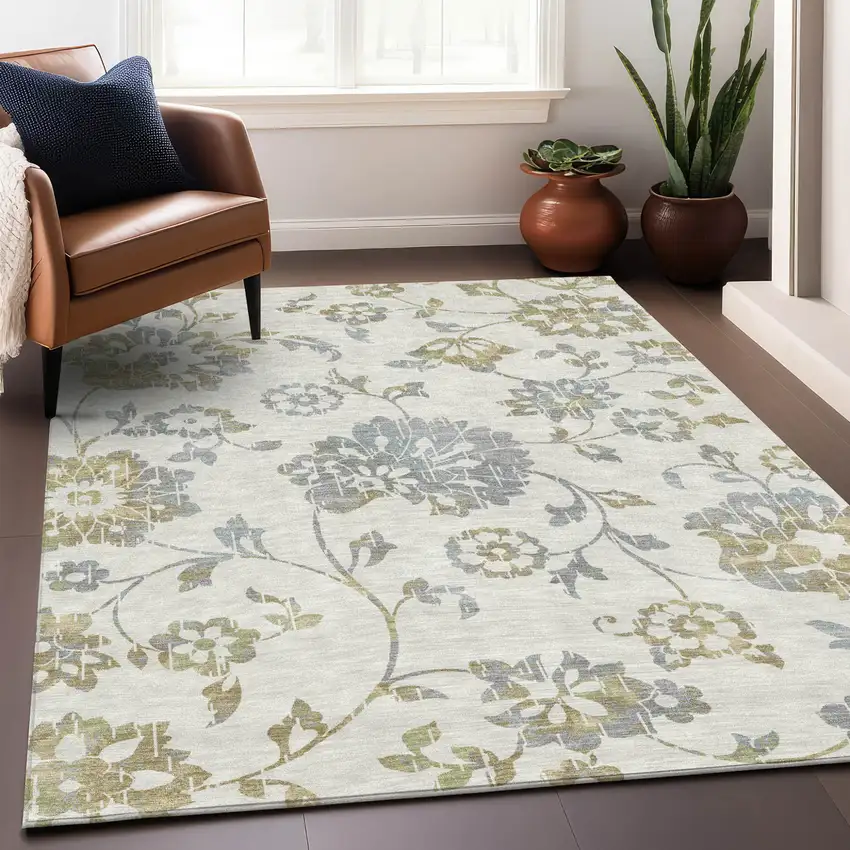Ivory Gray And Gold Floral Washable Indoor Outdoor Area Rug Photo 9