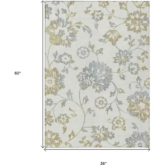 Ivory Gray And Gold Floral Washable Indoor Outdoor Area Rug Photo 3