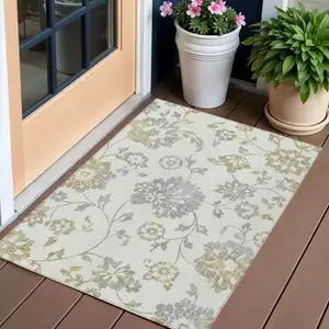 Photo of Ivory Gray And Gold Floral Washable Indoor Outdoor Area Rug