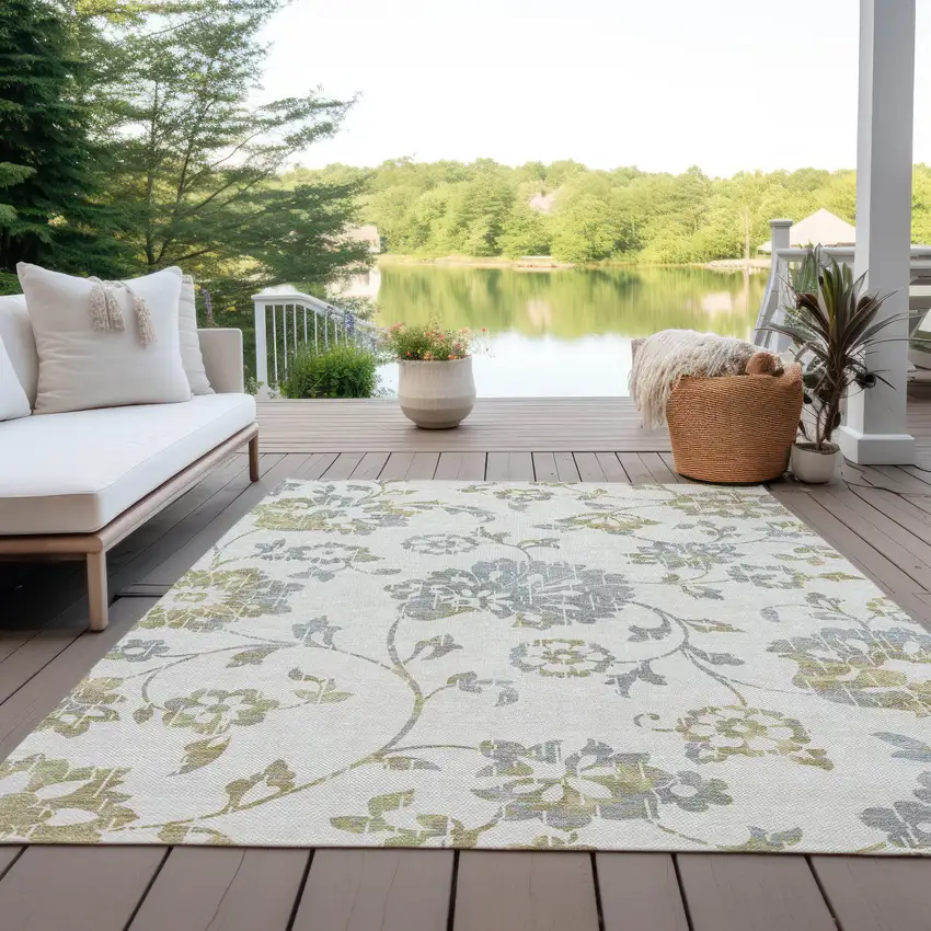 Ivory Gray And Gold Floral Washable Indoor Outdoor Area Rug Photo 9