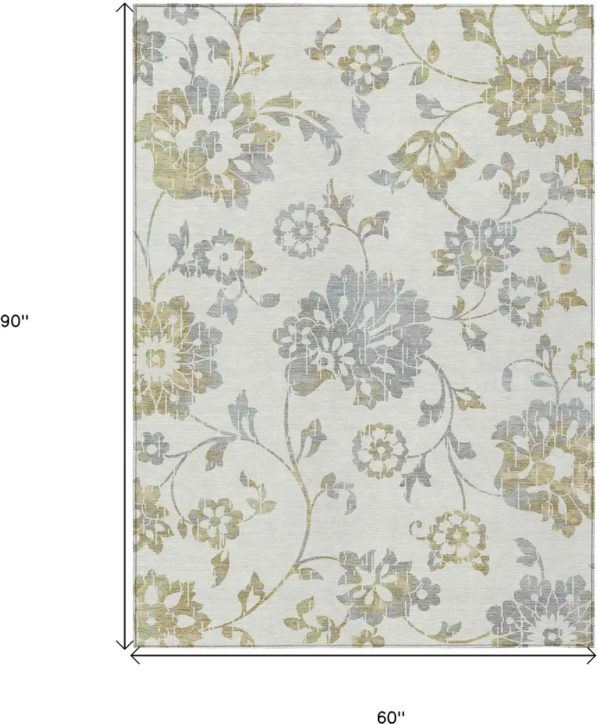 Ivory Gray And Gold Floral Washable Indoor Outdoor Area Rug Photo 3