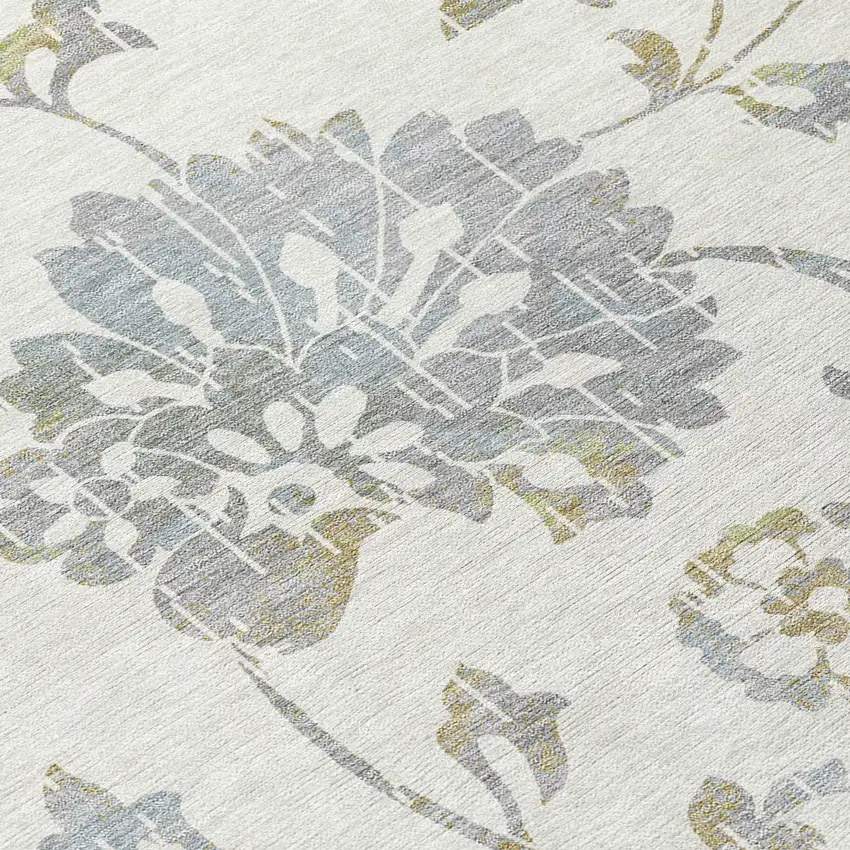Ivory Gray And Gold Floral Washable Indoor Outdoor Area Rug Photo 7