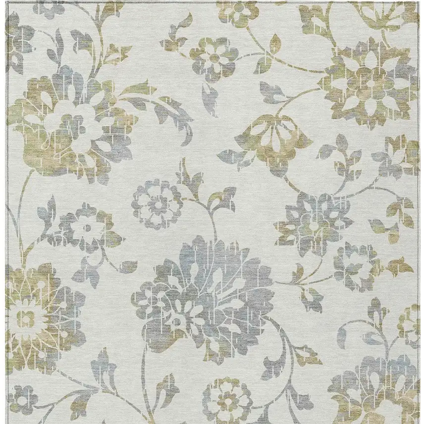 Ivory Gray And Gold Floral Washable Indoor Outdoor Area Rug Photo 8