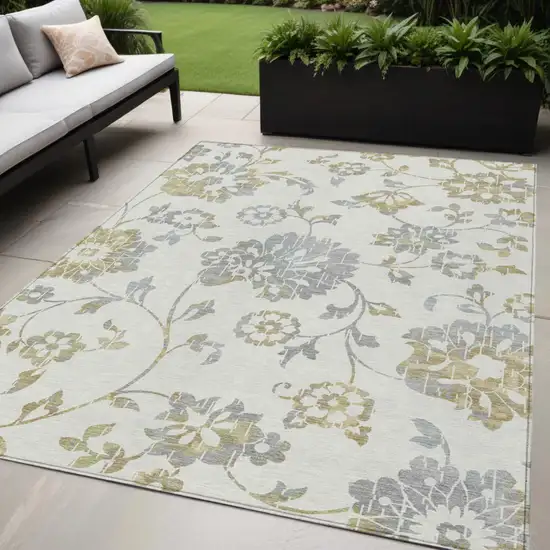 Ivory Gray And Gold Floral Washable Indoor Outdoor Area Rug Photo 1