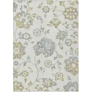 Photo of Ivory Gray And Gold Floral Washable Indoor Outdoor Area Rug