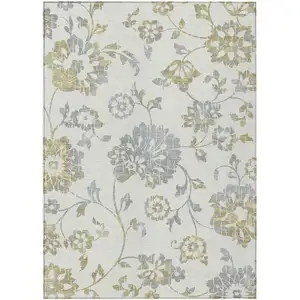 Photo of Ivory Gray And Gold Floral Washable Indoor Outdoor Area Rug