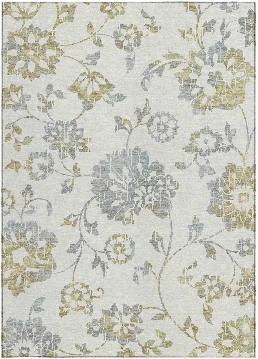 Ivory Gray And Gold Floral Washable Indoor Outdoor Area Rug Photo 8