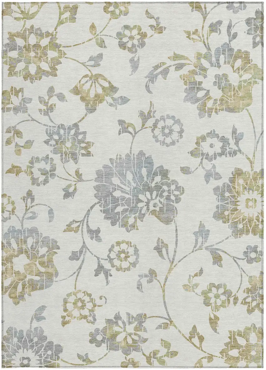 Ivory Gray And Gold Floral Washable Indoor Outdoor Area Rug Photo 8