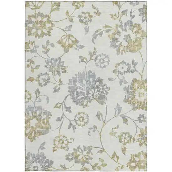 Ivory Gray And Gold Floral Washable Indoor Outdoor Area Rug Photo 8