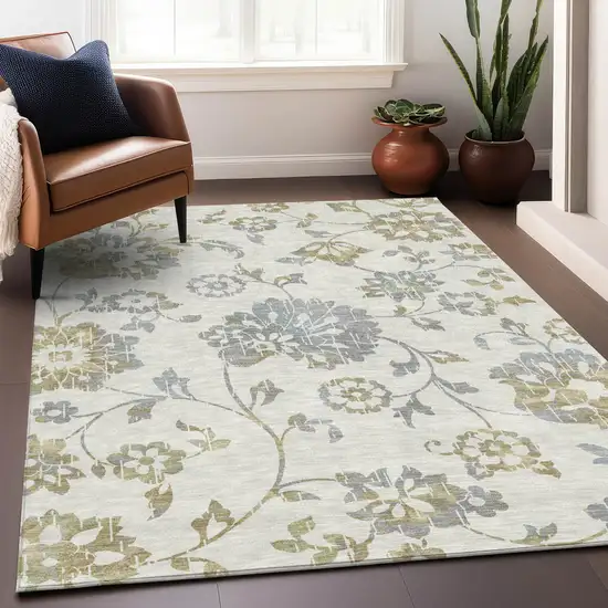 Ivory Gray And Gold Floral Washable Indoor Outdoor Area Rug Photo 9