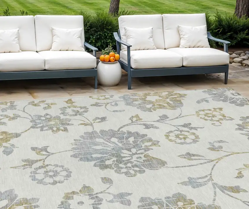 Ivory Gray And Gold Floral Washable Indoor Outdoor Area Rug Photo 1